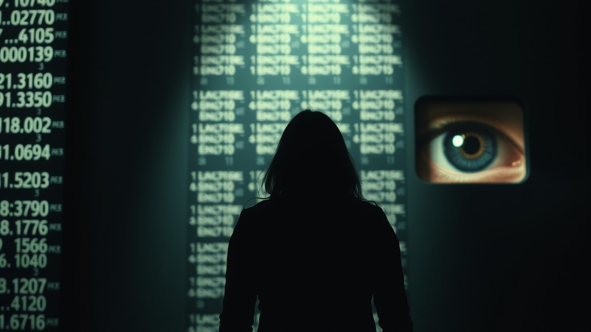 Une silouete dans l'ombre face a un mur numerique avec un oeil geant dans le mur qui regarde la solo